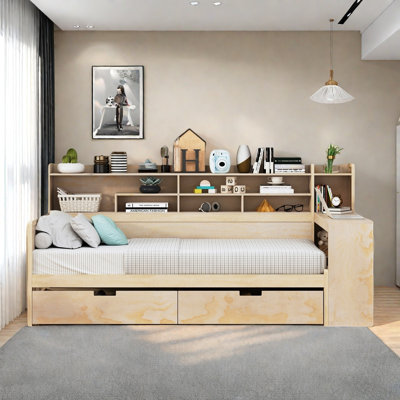 Lit de jour multifonctionnel en bois avec tablettes de rangement, bureau d'étude et 2 tiroirs
