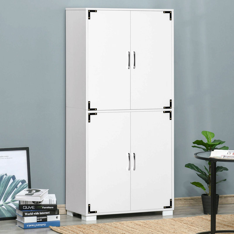 Armoire de cuisine industrielle avec armoire à 4 portes et tablettes de rangement, armoire de rangement autoportante, blanc