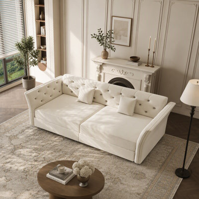 Grand canapé-lit coulissant de 74,4 po, canapé-lit convertible avec motif touffeté à la main en tissu, lit-causeuse en velours multifonctionnel pour le salon, la chambre à coucher, beige / blanc (ancien numéro de référence: W1885S00304)