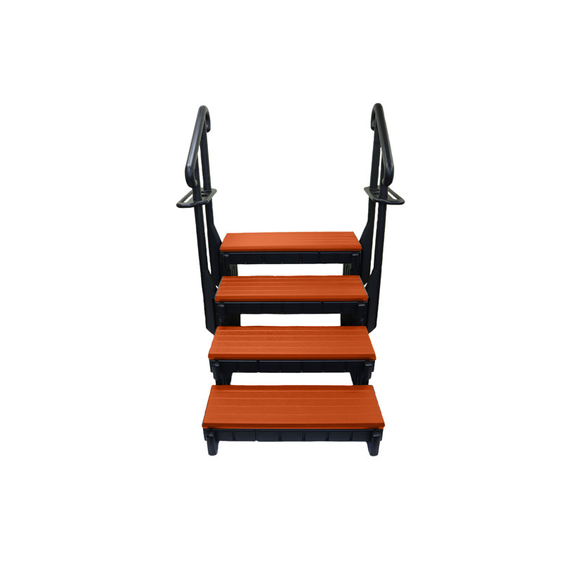 Redwood and Black 4-Step Spa Steps with Handrails
