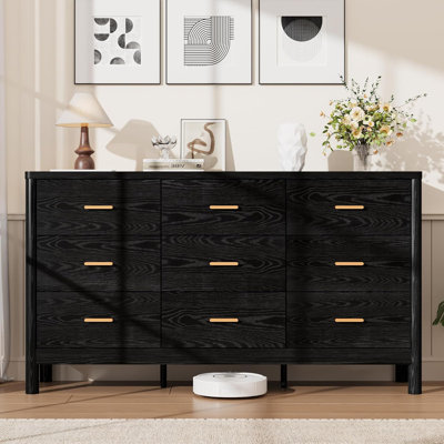 Commode 9 tiroirs en bois avec pieds cylindriques et poignées en métal, coffre de rangement anti-basculement pour le couloir de la chambre à coucher