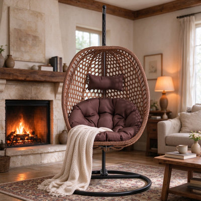 Charlie-Jade Modern Indoor / Outdoor Wicker Egg Chair with Stand, Natural PE Rattan Teardrop Swing Chair with UV-Resistant Cushion for Patio & Living Room