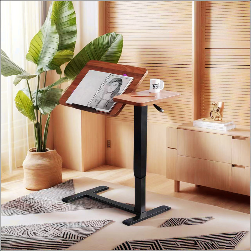 Adjustable Overbed Table With Wheels, Ergonomic Tilting Laptop Stand For Bed And Sofa, Height Adjustable Mobile Desk, Walnut