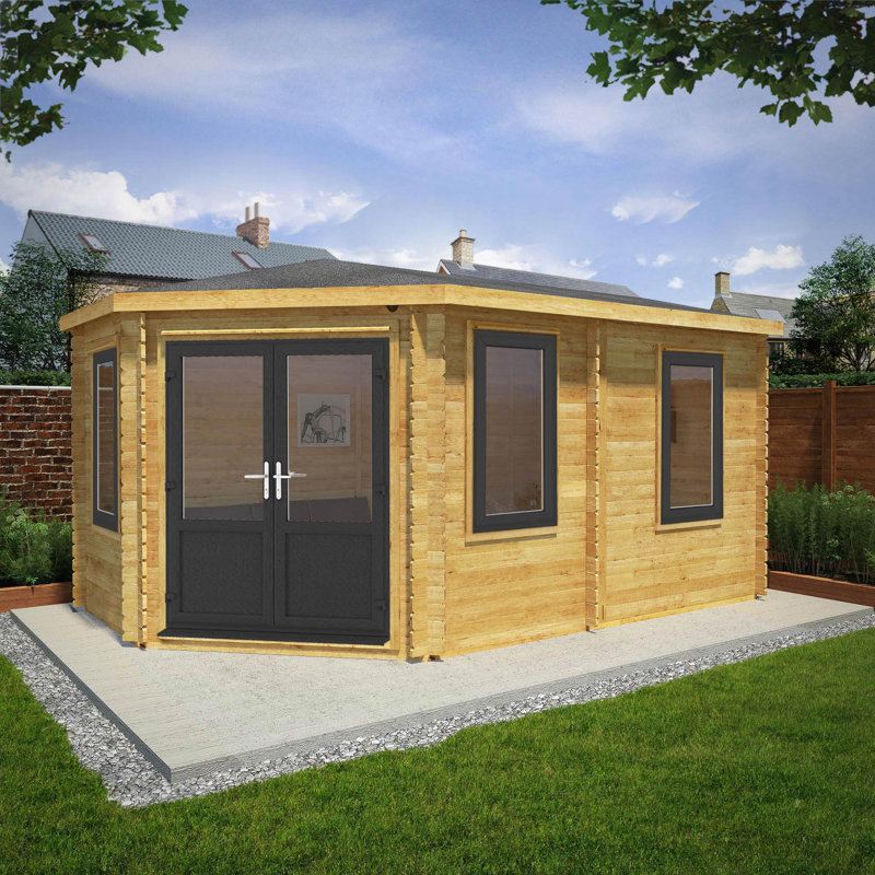 16ft x 10ft Corner Lodge Grande Log Cabin UPVC Windows & Doors (44mm), Grey/Natural Timber