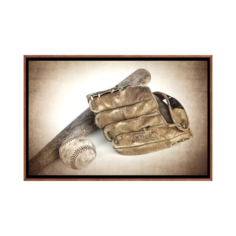 Baseball Bat Glove - Print on Canvas, 66.04 cm H x 45.72 cm W, Classic Brown Wood Framed