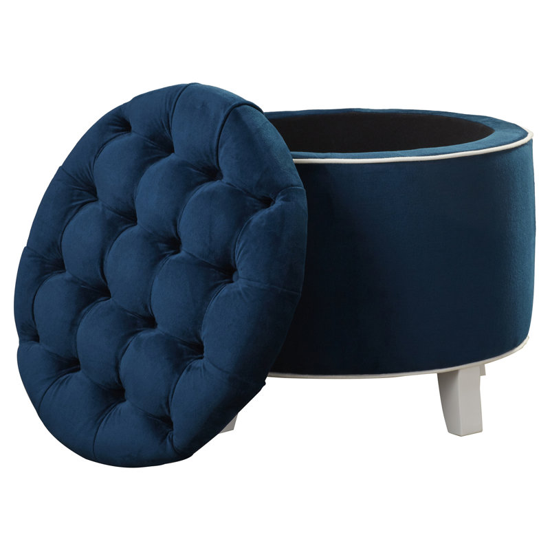 Alethea Velvet Tufted Round Solid Colour Ottoman with Storage, Navy