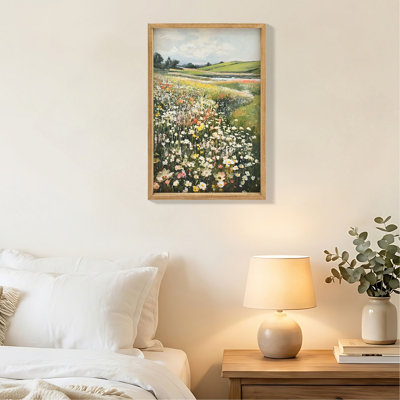 Reproduction sur toile encadrée, décoration rétro, peinture de champ de fleurs sauvages classiques, paysage rustique grand art mural pour salon, chambre à coucher, salle de bain, décoration murale, 16 x 24 pouces