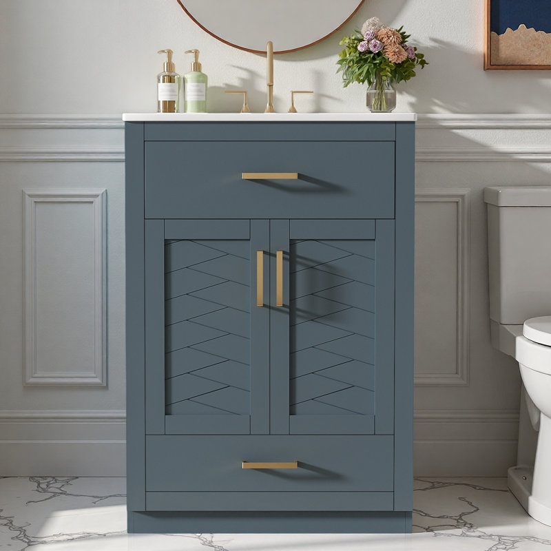 Meuble-lavabo de salle de bain avec lavabo en céramique, 1 grande armoire de rangement, 1 tiroir pleine extension et 1 tiroir basculant