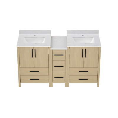 Meuble-lavabo autoportant de 60 po de largeur avec comptoir blanc, panneau de contreplaqué de haute qualité et contreplaqué, plan de conception de système combinable, système de rail de tiroir à fermeture douce, travaux d'assemblage simples,