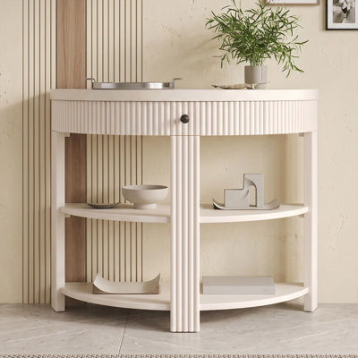 Console cannelée demi-lune avec tiroir et tablettes