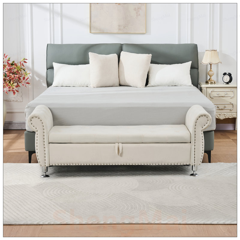 Banc de rangement en velours doux avec boutons en cristal et 1 coussin, parfait pour l'organisation de la chambre à coucher et du salon