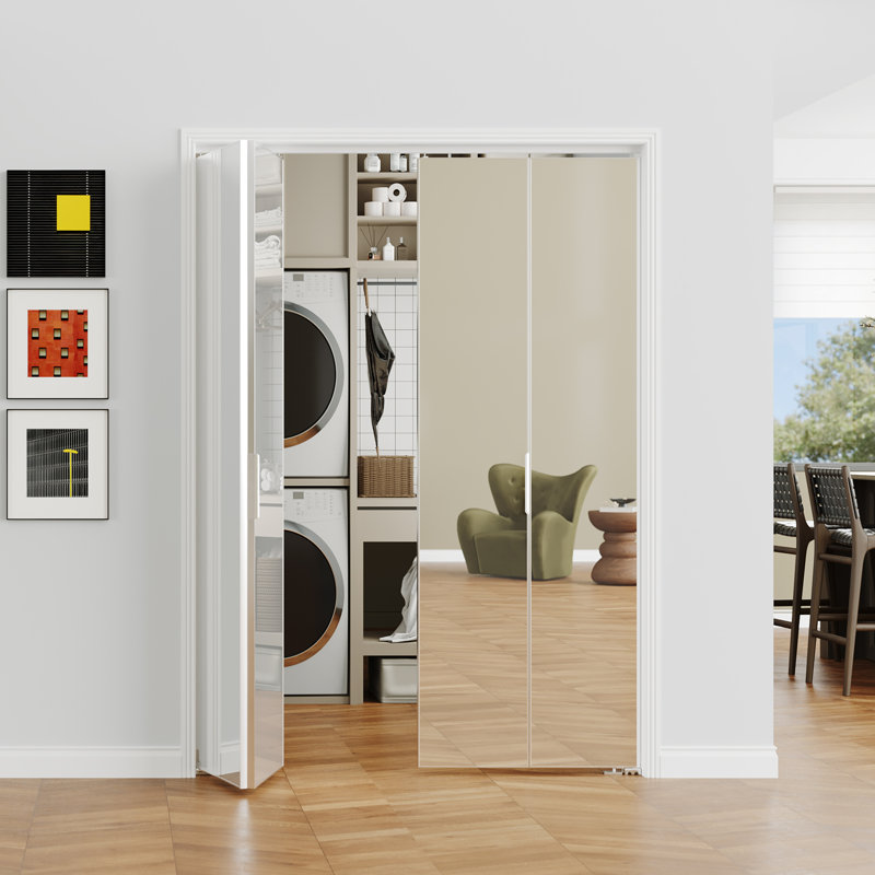 30 in. x 80 in. White Mirrored Glass Full Lite Bi-Fold Door