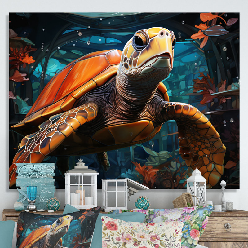 Turtle Journey Floral Geometric - Tortue, art mural sur toile, H 34 po x l 44 po x P 1,5 po, Toile tendue