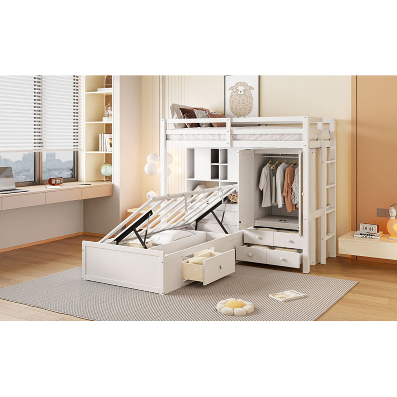 Lit superposé simple avec tiroirs, garde-robe, tablettes de rangement et lit hydraulique, blanc, Blanc
