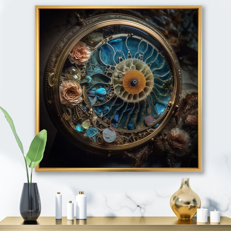 Bioluminescent spiral océanique astrolabe, H 36 po x l 36 po x P 1,5 po, Cadre flottant doré
