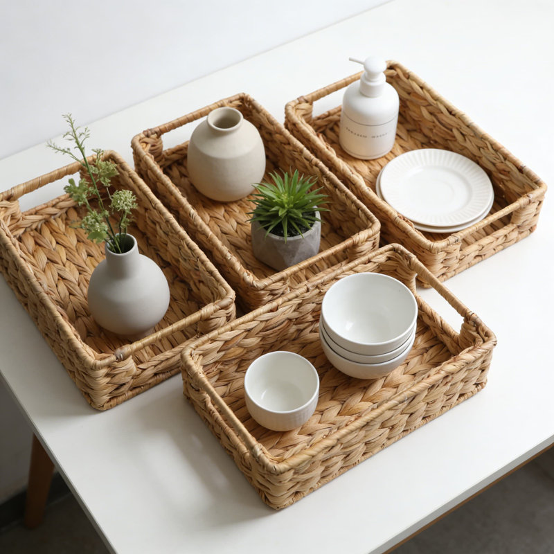 Paniers de rangement tissés en jacinthe d'eau, lot de 4 organisateurs rectangulaires peu profonds avec poignées pour tablettes, comptoir, salle de bain et garde-manger, paniers en osier décoratifs naturels pour l'organisation à la maison