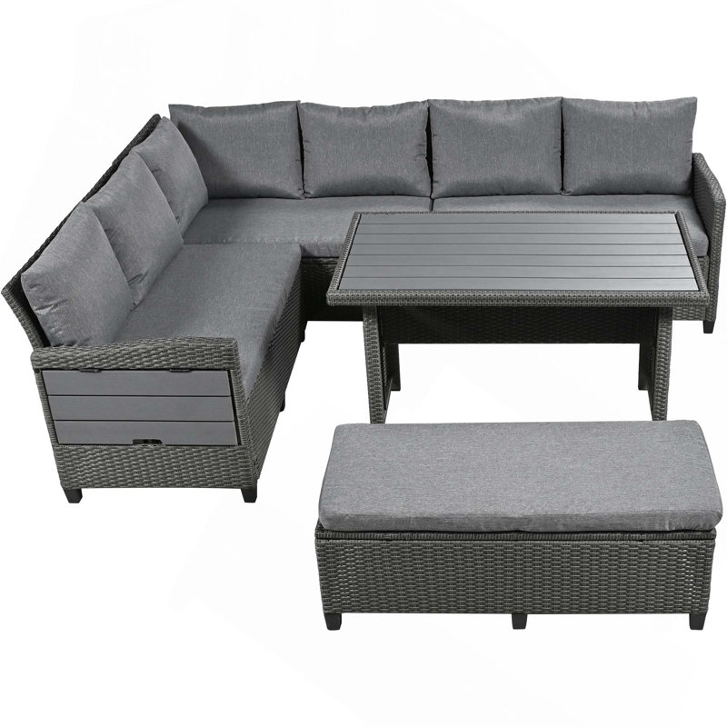 Ensemble de canapé d'extérieur en rotin 5 pièces avec osier en PE, tables d'appoint extensibles, table de salle à manger et housses lavables pour une utilisation toutes saisons