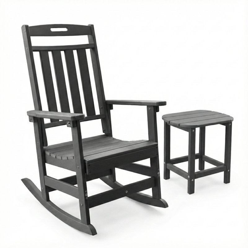 Ensemble de chaises berçantes d'extérieur en PEHD 2 pièces avec table d'appoint, chaise berçante et table de bout toutes saisons