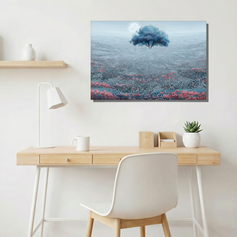 Arbre bleu et fleurs roses sur fond clair de lune, art mural sur toile, H 12 po x l 18 po