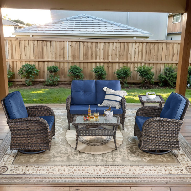 Ensemble de conversation de terrasse avec coussins 5 pièces Aluel, Blue, Brun