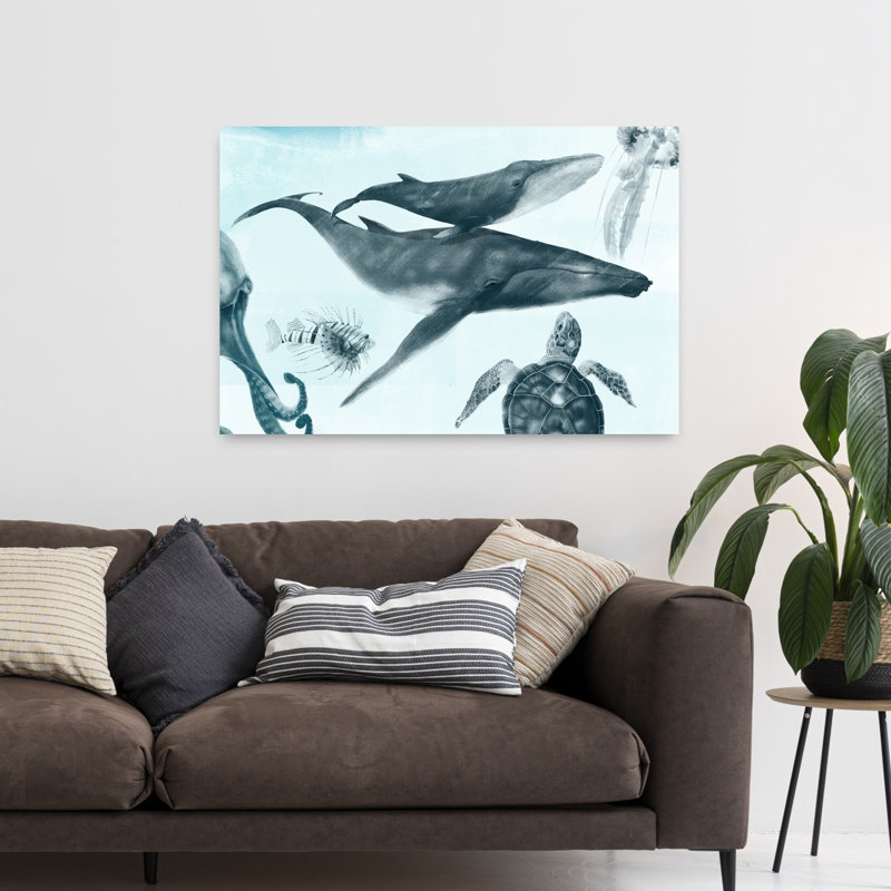Baleines et amis de l'océan, méduse contemporaine, pieuvre, art mural, H 32 po x l 48 po
