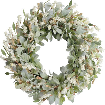 Couronne de fleurs en ivoire 24 pouces pour la porte d'entrée, couronne de feuilles d'agneau de tous les jours avec fleur artificielle blanche pour l'intérieur et l'extérieur, rustique et campagne
