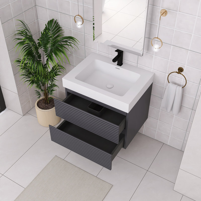 Ensemble de meuble-lavabo simple mural 24 po gris avec plateau en acrylique blanc 24 po