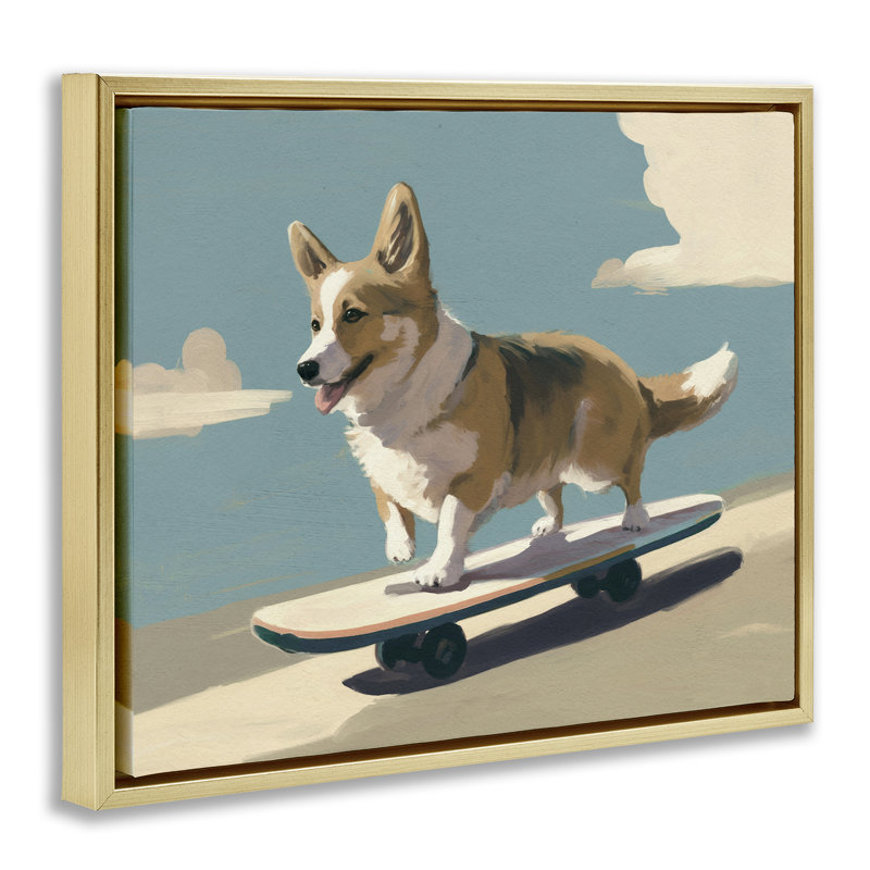  «Skateboarding Corgi Dog» par Svetlana Aleynikova, H 17 po x l 21 po, Cadre flottant métallique doré