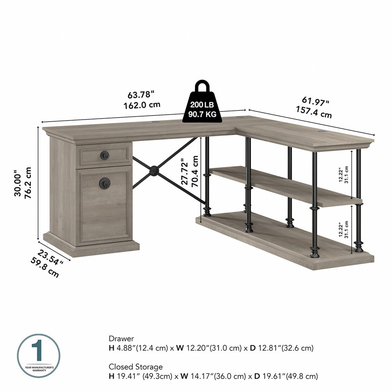 64W Designer L Shaped Desk with Storage