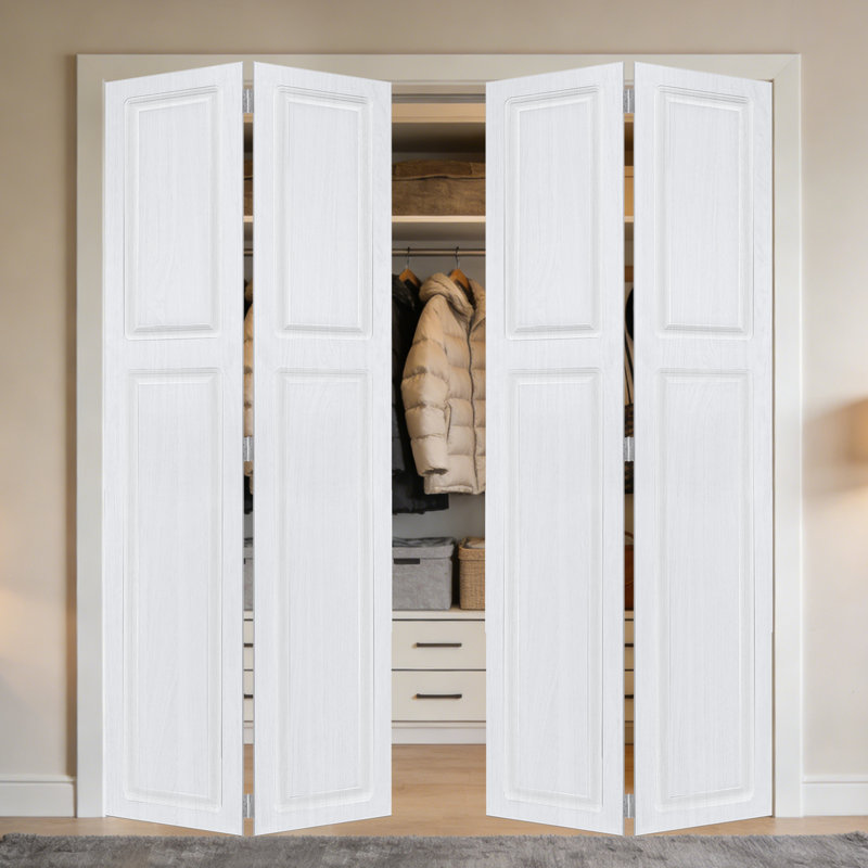 Double 2 panneaux bi-pliables 80 po x 48 po Porte de grange coulissante en panneau de fibres à densité moyenne noyer blanc avec ensemble de quincaillerie