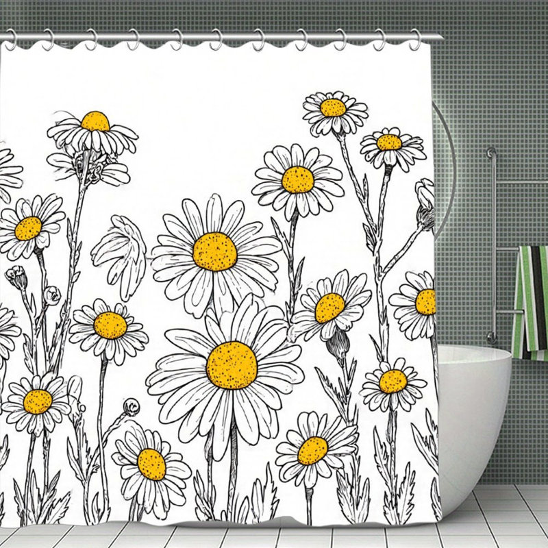 Rideaux de douche à motif de marguerites, 71 x 71, Blanc / jaune/ noir