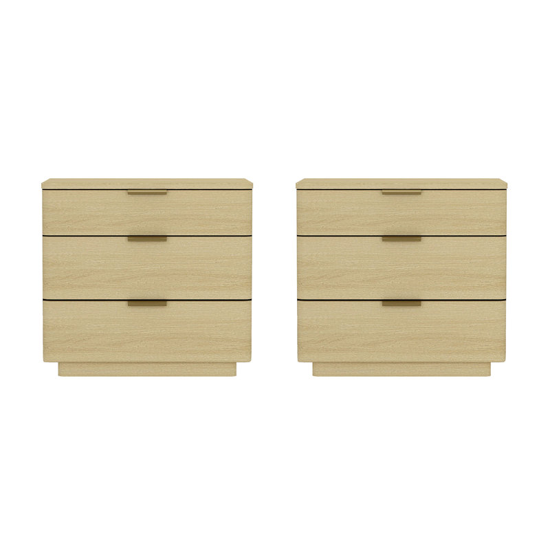 Hedberg Nightstand with 3 Drawers, Natural Oak/Gold, Set of 2