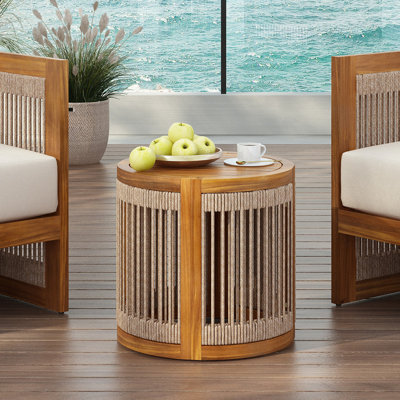 Handwoven Rope Accent Outdoor Side Table with All-Weather Durability