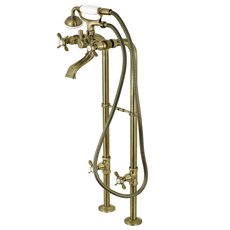 Kingston Five Handle Floor Mounted Clawfoot Tub Faucet with Diverter and Handshower, Vintage Brass