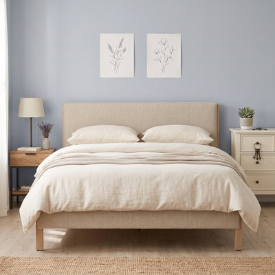 Modern Minimalist Upholstered Platform Bed with Wood Framed Headboard, Queen, Beige Linen
