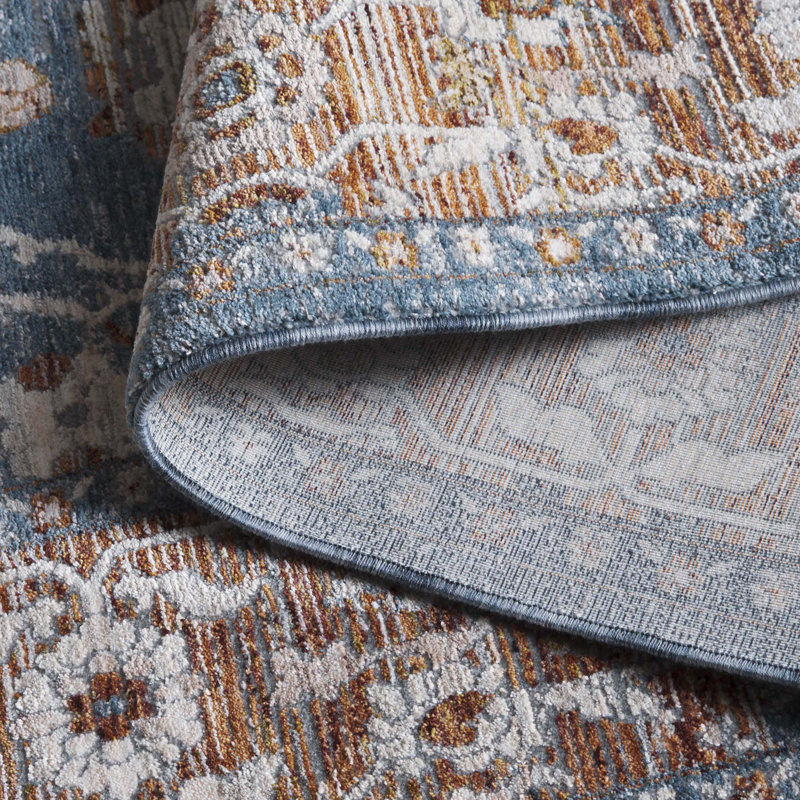 Tapis oriental en polyester tissé à la machine bleu / rouille, Rectangle 5 pi 3 po x 7 pi 6 po