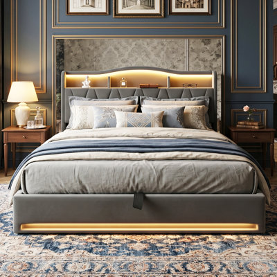 EU Double & Kingsize Smart Velvet Ottoman Storage Bed with Charging Ports, Upholstered Tufted Bed Frame with App-Controlled RGB LED Headboard & Lift Up Storage, Beige/Grey