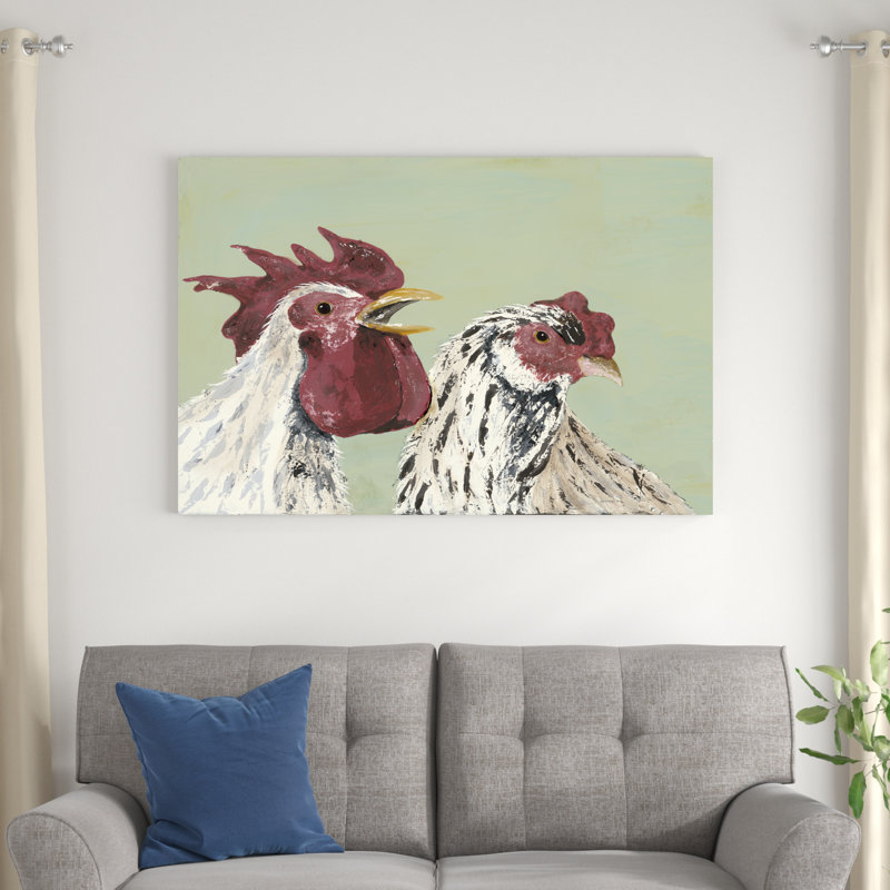 Quatre coqs, poulets blancs, H 32 po x l 48 po