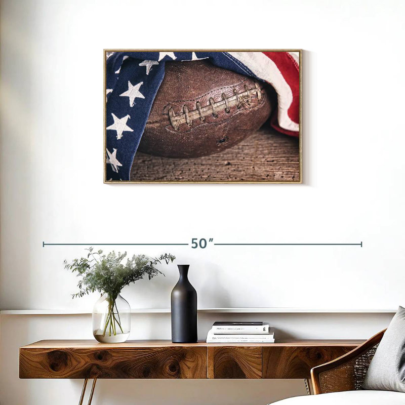 American Flag Football, 31" X 21", Floating Frame Natural Wood