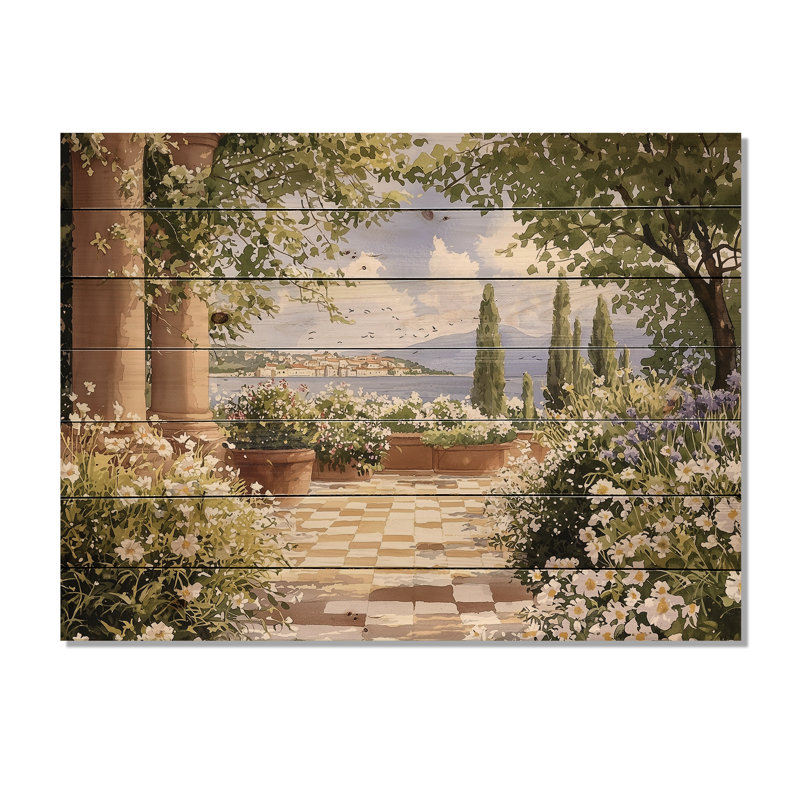Serene Scenic Gardens In Italy I - Paysage traditionnel en bois, décoration murale sur bois de pin naturel, H 30 po x l 40 po