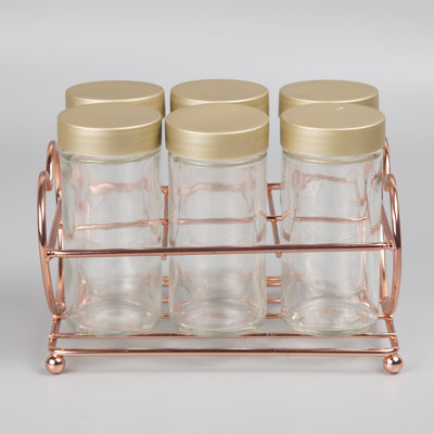 Ensemble de 6 pots à épices en verre avec support en cuivre