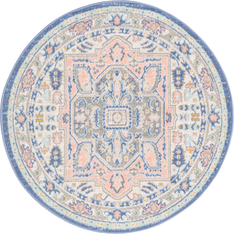 Tapis oriental vert / rose Orcon, Rond 3 pi 3 po