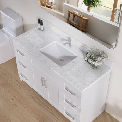 48'' W X 22'' D Engineered Stone Carrara White Vanity Top Single Sink Centre Drain Bathroom Countertop Rectangular Undermount Ceramic Sink with Single Pre-drilled Faucet Hole & 4 In. H Backsplash