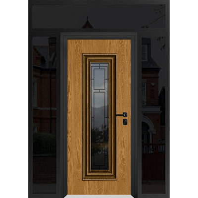 Front Exterior Prehung Steel Door / Ballucio 6644 Natural Oak / 2 Side and Top Exterior Window Sidelite / Entry Metal Modern Painted W12+36+12" x H80+16" Left hand Inswing
