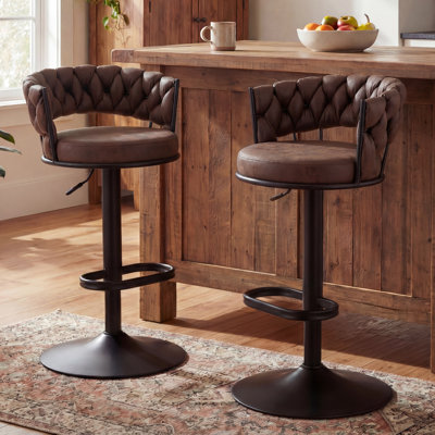 Modern Woven Dark Brown Suede Fabric Tufted Back Swivel Bar Stools With Adjustable Height Black Metal Base And Footrest Stylish Stools For Kitchen Counter Breakfast Bar Or Home Bar, Set Of 2