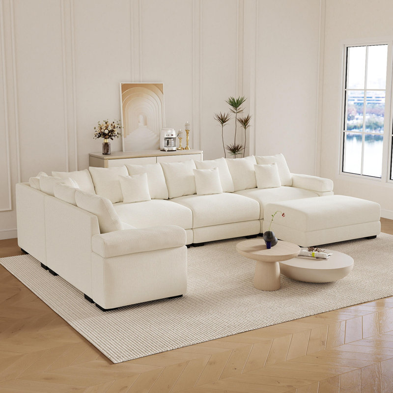 Canapé modulaire surdimensionné en L de 154 po avec repose-pieds en velours côtelé, Beige Corduroy