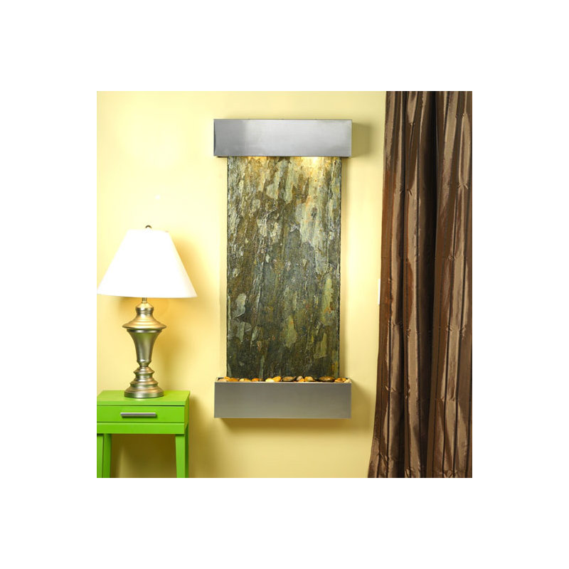 Cascade Springs Natural Stone Fountain with Light, Stainless Steel, Green Slate, Square