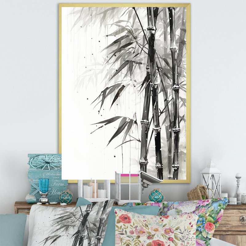 Bambou sauvage noir et blanc VI sur toile, Encadrement doré, H 40 po x l 30 po x P 1,5 po