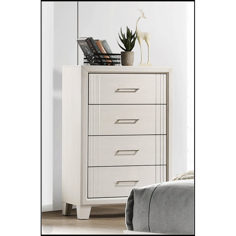 Commode contemporaine en bois à quatre tiroirs avec rangement spacieux, idéale pour les chambres modernes et les petits espaces