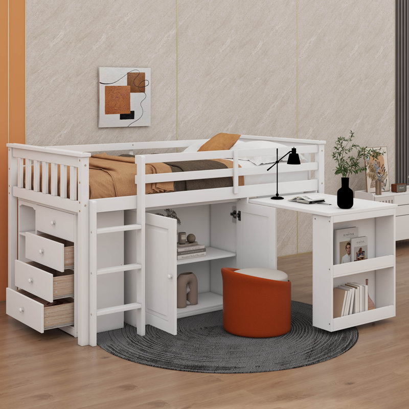 Lit mezzanine simple avec tiroir, armoire et bureau coulissant, Blanc